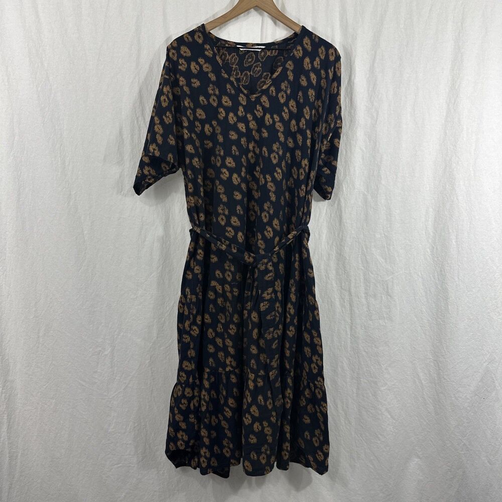 Trina Turk Leopard Dress Indigo/Tawny Belted Midi Womens Sz L Blue/Brown Summer